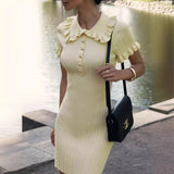 Ebbgo  -  Elegant Knitted Mini Dress Women Fashion Ruffle Button Bodycon Dresses Summer Causal Yellow Short Sleeve Basic Dress White