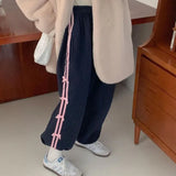 Ebbgo  Korean Casual Bow Knot Plush Sweatpants Drawstring Striped Jogger Pants Cute Harajuku Trousers High Waist Loose Pants For Women