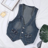 Ebbgo  -  Fashion Retro Y2K Denim Vest V Neck Button Pocket Slim Short Denim Vest Women's Sleeveless Denim Jacket Vest Top Streetwear