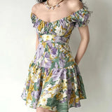 Ebbgo  -  Summer New Large French Retro Oil Painting Flower Bubble Sleeves Short Sleeved Dress with Back Strap Short Skirt