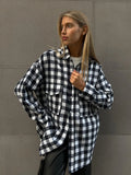 Ebbgo  Checkered Shirt Women's Spring 2024 New Vintage Double Pocket Plaid Stripe Medium Loose Long Shirt