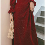 Ebbgo  -  Bridal Red Party Marriage Engagement Formal Dress Long Sleeve Satin Square Collar Shiny Maxi Dress H2992p