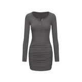 Ebbgo  -  Women Summer Long Sleeve Split Ribbed Knit Bodycon Mini Blouse Dress A-Line Sexy Buttons Empire Waist T-Shirts Clubwear