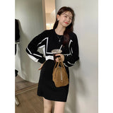 Ebbgo  -  Round Neck Vintage Fake Two Mini Dress y2k Slim-fit Long-sleeved Dresses Fashion Temperament Dress