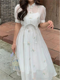 Ebbgo  -  Dress Sets Summer Women Chinese Style Floral Hight Waist Mesh Midi Dresses Elegant Casual Gentle Wind Female Dress Vestidos