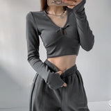 Ebbgo   Sexy Long Sleeve T Shirt Streetwear Y2k Clothes Knit Crop Top Korean Fashion Spring Autumn Short Skinny Tshirt