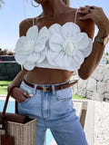 Ebbgo  -  3D Flower Cropped Top Women White Slip Backless Holiday Beach Tank Vest Female Summer Fashion All-match Lady Streetwear