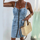 Ebbgo  -  Women's Casual V Neck Slim Short Dress New Summer Spaghetti Strap Zipper Denim Dress Sexy Sleeveless Wrap Club Party Dress