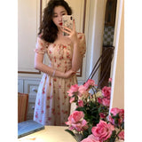 Ebbgo  Flower Print French Vintage Dress Women Bubble Sleeve Elegant Sweet Long Dress Female Holiday Temperament Princess Dress Summer