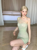 Ebbgo  -  Summer Sleeveless One-shoulder Temperament Mint Mambo Stitching Lace Mesh Slim-fit Sexy Short Dress