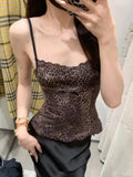 Ebbgo  Summer Gothic Grunge Chic Sling Leopard Top Women Lace Slim Short Sexy Camis Female Fashion Sleeveless Lady Camisole Blouse 2024