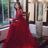 Ebbgo  -  Evening dresses Wine Red party ballgown floral gala formal occasion long sleeve prom dress H112