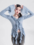 Ebbgo  -  Autumn Women Korean Fashion Design Flare Sleeve Chiffon Shirt Ruffle V Neck Blouse Top Set Aesthetic Clothes