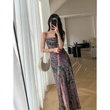 Ebbgo  Summer Sexy Vintage Spaghetti Strap Women Dress High Quality Elegant Floral Purple Slim Maxi Party Beach Vestidos Female Mujers