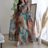 Ebbgo  -  Spring Autumn Fashion Mesh Colorful Print Party Dress Women Elegant Long Sleeve Loose Hem Maxi Dress Commuting Lady Long Dresses