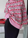 Ebbgo  -  Women's Round Neck Cherry Printed Sweater Autumn Winter New Mid Length Fashion Top Retro Knitted Sweater Pullover