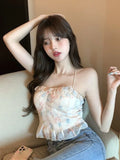 Ebbgo  Chiffon Kawaii Sweet Vest Women Slim Korean Vintage Ruffles Tank Tops Female Off Shoulder Designer Sexy Halter Top  Summer