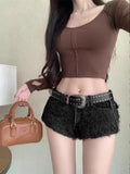 Ebbgo  -  Korean Sweet Girl A-line Pure Sexy Shorts Women's Spring Woolen Low Waist Plush High Street Hot Pants Fashion Female Clothes