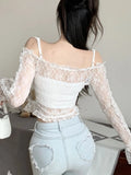 Ebbgo  Purple Backless Sexy Crop Tops Women Lace Korean Fashion Designer Slim Blouse Female Bow Button Elegant Sweet Tops New