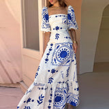 Ebbgo  -  Fashion Floral Print Women's Party Dress Summer Square Neck High Waist Long Dress Casual Lantern Sleeve Pleated Holiday Dresses