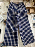 Ebbgo  -  Blue Plaid Casual Straight Pants Summer Cotton High Waist Buttons Pockets Baggy Trousers Women Streetwear Vintage Wide Leg Pants