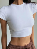 Ebbgo  Cotton Crop Tops T shirt Women  Female Summer Cropped Bodycon T-Shirts Fashion O-neck White y2t Tshirt Sexy Short Tees