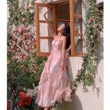 Ebbgo  Shpmishal Korean Fashion Pink Ruffled Suspender Dress for Women's Seaside Vacation Style Slim Fit Long Dress Female Clothing