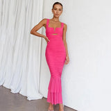 Ebbgo  -  Spring/Summer New Suspender Patchwork Dress Fashionable And Sexy Spicy Girl Tight Pleated Fishtail Skirt V-Neck Backless