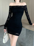 Ebbgo  Mini Dresses Women Off Shoulder Lace Dress Female Elegant Slash Neck Short Dresses Ladies Vintage Fashion Bodycon Party Vestido