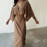 Ebbgo  -  Cotton Linen V-neck Party Dress Elegant V-neck Split Backless Hollow Solid Long Dress Women Casual Bat Sleeve Loose Maxi Dresses