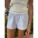 Ebbgo  Y2k Lace Bowknot Blue Shorts Stripes Patchwork Buttons Decor Short Pants Casual Elastic Waist Shorts Loose Sleep Short For Women