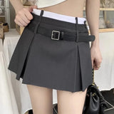 Ebbgo  Belt Pleated Mini Skirt Women Korean Style Preppy Summer Patchwork High Waist Casual A-line Skirt Shorts Streetwear