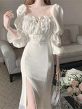 Ebbgo  Sweet Folds Fungus Puff Sleeve Women Fishtail Dress Square Collar Lace-up Slim Trumpet Robe Korean Chic Elegant Mermaid Vestidos