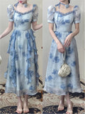 Ebbgo  Fashion Women Blue Floral Print Holiday Princess Evening Party Dress Vintage Elegant Ladies Puff Sleeve Ruffles Long Dress