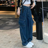 Ebbgo   Vintage Dark Blue Women Cargo Jeans Summer Y2K Streetwear Loose Pocket High Waist Denim Pants Bf Straight Wide Leg Trousers