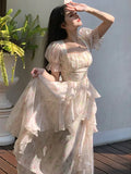 Ebbgo  -  New Vintage Fairy Ruffles Long Dress Women Print Floral Elegant French Party Midi Dress Puff Sleeve Casual Women's Clothing