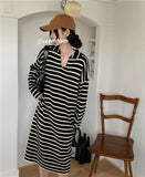 Ebbgo  -  French Striped Knit Dress Women's Autumn New Casual Lazy Style Loose Fitting Long Skirt Fashion Harajuku