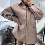 Ebbgo  Casual Woman Camel Loose Pocket Woolen Shirt  Chic Ladies Autumn Long Sleeve Thick Blouse Coat Female Long Outwear