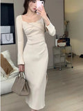 Ebbgo  Elegant Solid Knitted Dress Women Long Sleeve Square High Slit Design Autumn Winter Base Midi Dresses Korean Fashion Vestidos