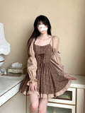 Ebbgo  Summer Kawaii Party Lolita Dress Women Causal Long Sleeve Y2k Mini Dress Female Plaid Slim One Piece Dress Korean Chic