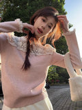 Ebbgo  Sweet Lace Patchwork Knitwear Women Korean O-neck Print Patchwork Elastic Slim Chic temperament Spring Female Pullover Sweater