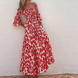 Ebbgo  -  Holidays Beach Floral Print Long Dress Women Spring Slash Neck Off Shoulder Maxi Dress Summer Flare Sleeve Backless Boho Dresses