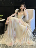 Ebbgo  Vintage French Court Style Princess Dresses Women Elegant Puff Sleeve Birthday Party Robe Summer Ladies Print Ruffles Clothes