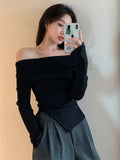 Ebbgo  - Y2K Top Women Casual Irregular Off Shoulder High Elasticity Pullover Female Spring Summer Solid Long Sleeves Tops Lady