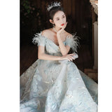 Ebbgo  -  Dinner dress feather satin party evening gown blue birthday homecoming dresses formal occasion H283