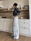 Ebbgo  Y2K Blue Cargo Jeans Women Vintage Streetwear Multiple Pockets Denim Pants Oversized High Street Hip Hop Baggy Trousers