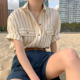 Ebbgo  Blusas Mujer De Moda  Cargo Office Lady Vintage Blouse Lapel Vertical Stripe Shirt Short Sleeved Loose Casual Top Y2k Grunge