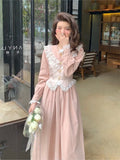 Ebbgo  -  French Pink Vintage Dress Woman Princess Fake Two Pieces Dress Female Casual Lace Long Sleeve Elegant Party Midi Dresses