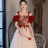 Ebbgo  -  Ball gown Bridal High-End off-Shoulder Red Evening Dress for Court Banquet Engagement Princess Pettiskirt H909P02