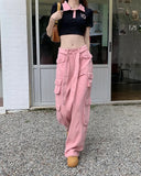 Ebbgo  American Spice Girls Pink Jeans High Waist Vintage Street Multi Pocket Cargo Pants Women Design Sweet Cool Wide Leg Pants New